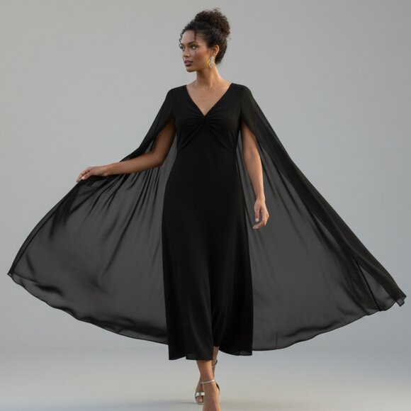 connected apparel Dresses & Skirts - Connected Apparel Black Cape Sleeve Chiffon Midi Dress Cocktail Evening Gown 14